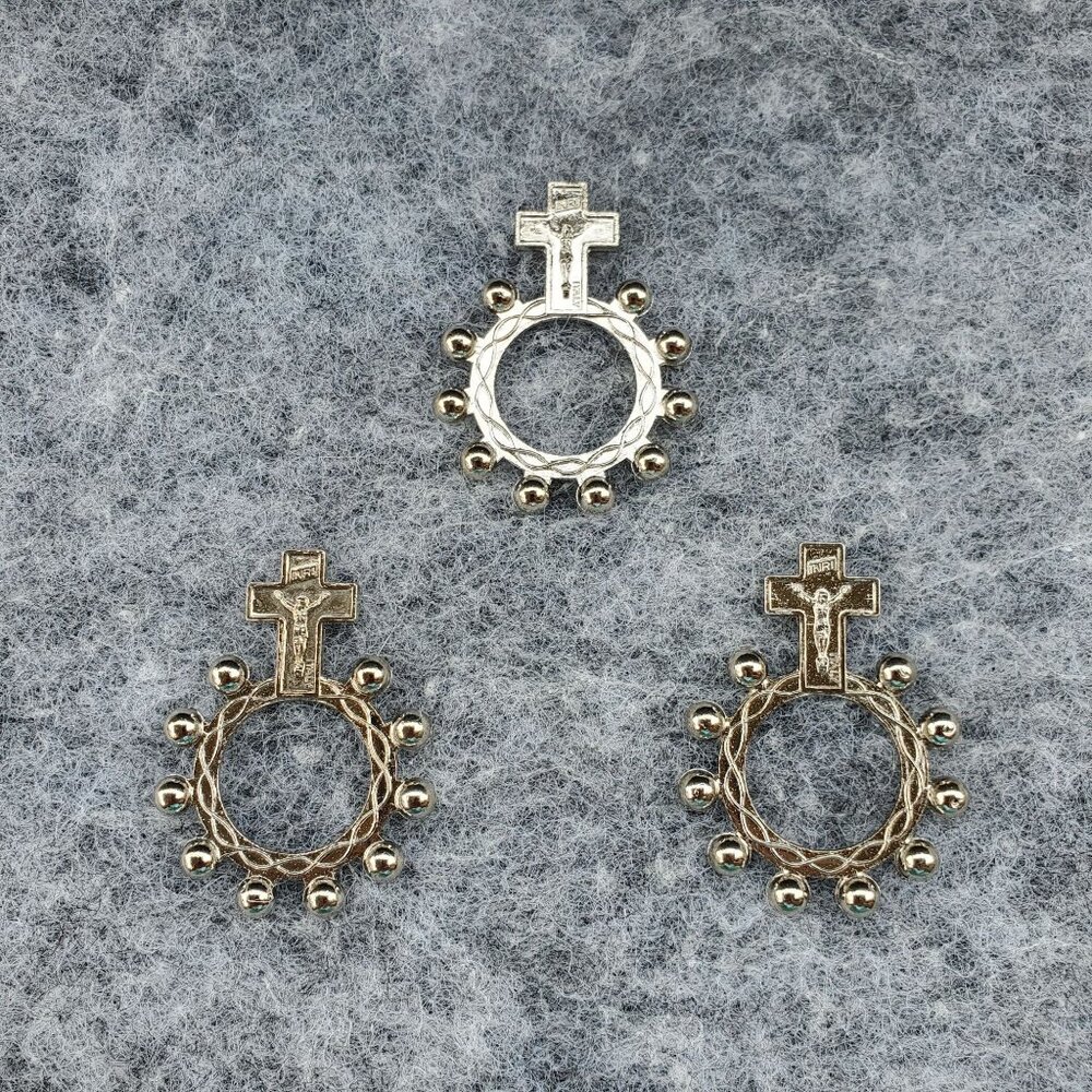 Silver Tone Crucifix Rosary Ring Set of 3 Religious Jewelry Catholic Prayer Aid